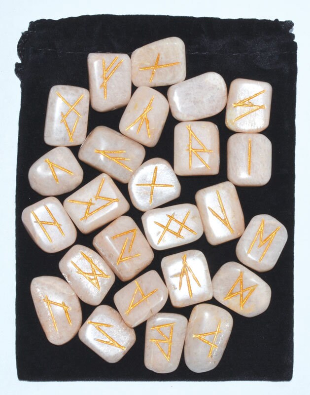 Moonstone crystal rune set and pouch | Elder Futhark | divination tools | Altar tools | Gemstone | Pagan | Wicca | Occult | Norse Runes
