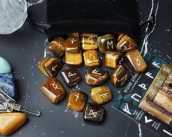 Tiger Eye crystal rune set and pouch | Elder Futhark | divination tool | Altar tool | Gemstone | Pagan | Wicca | Occult | Norse Runes