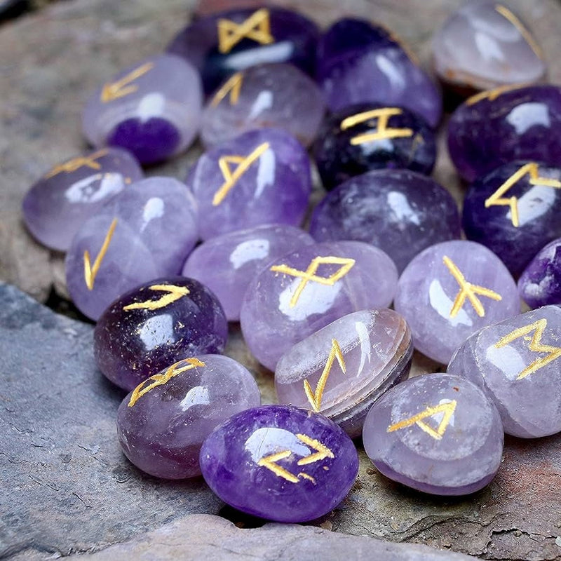 Amethyst crystal rune set | Elder Futhark | divination tools | hag stones | Altar tools | Gemstone | Pagan | Wicca | Occult | Norse Runes